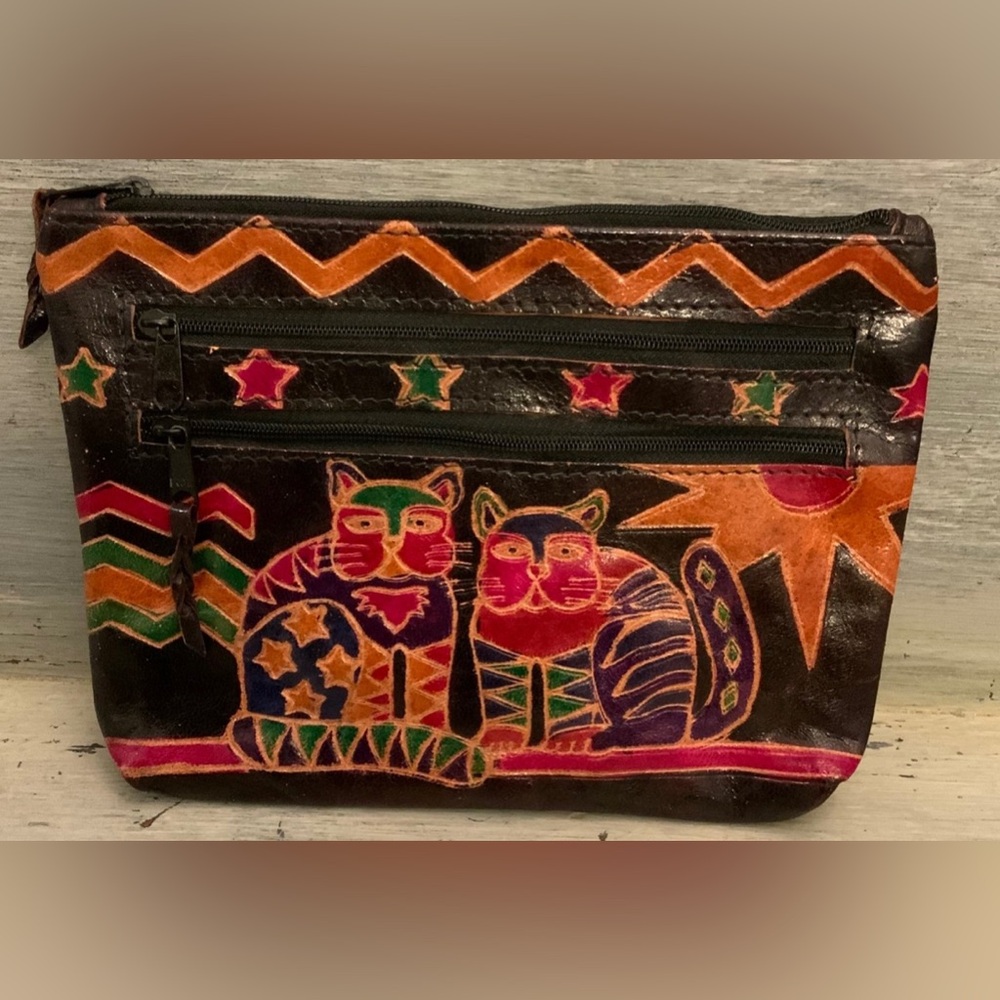 Vintage Genuine Leather Colorful Embossed Cats Clutch  Made in India‎ Like New